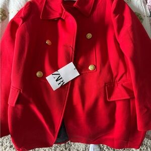 Zara Red Pea Coat Wool Blend Tailored